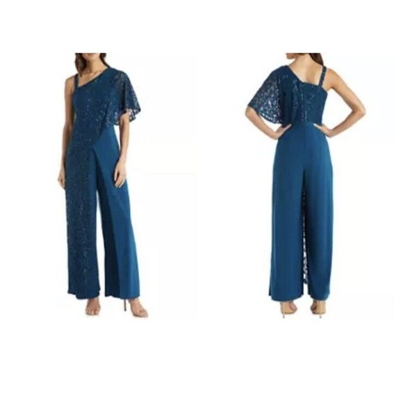 R&M Richards Pants - R & M Richards Embellished Sequin Lace Caplet Jumpsuit with Straps Size 14